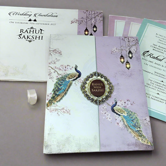 Floral Peacock Theme Wedding Card with Wooden Name Plate | SS-1232